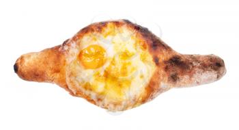 georgian cuisine - top view of Adjarian boat-shaped khachapuri with cheese, butter and egg yolk isolated on white background