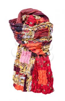 tied stitched red brown patchwork scarf isolated on white background