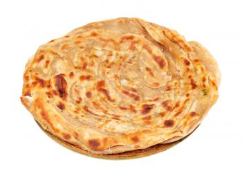 Indian cuisine - lachha paratha (multi layered fried flatbread ) on brass plate isolated on white background