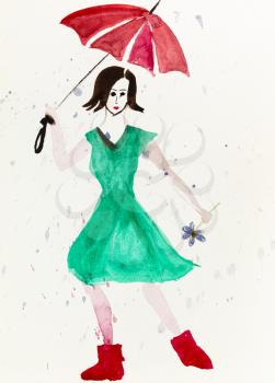 woman in green dress with red umbrella in rain handpainted by watercolours on paper