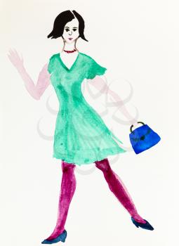 woman in green dress and purple tights with blue handbag handpainted by watercolours on paper