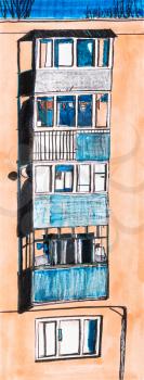 glazed balconies of apartment house hand-drawn by colour felt-tip pens on white paper