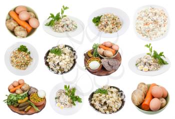 set of Russian Olivier salads and its ingredients isolated on white background