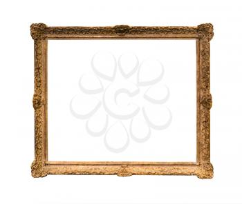 old ornamental carved wooden picture frame with cut out canvas isolated on white background