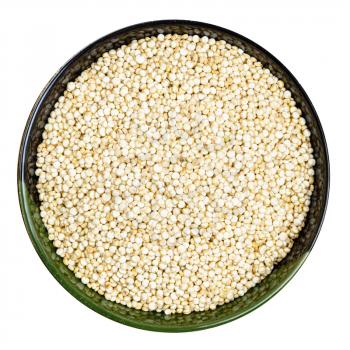 top view of quinoa grains in round bowl isolated on white background