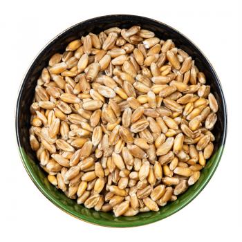 top view of whole common wheat grains in round bowl isolated on white background