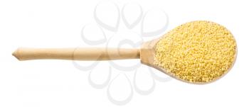 wooden spoon with uncooked moroccan couscous groats isolated on white background