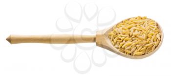 wooden spoon with uncooked orzo risoni pasta isolated on white background