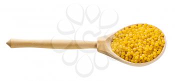 wooden spoon with uncooked ptitim pasta (Israeli couscous) isolated on white background