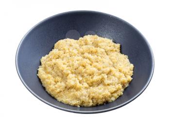 boiled porridge from quinoa grains in gray bowl isolated on white background