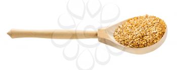 wooden spoon with golden flax seeds isolated on white background
