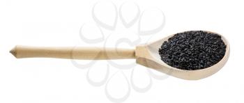 wooden spoon with black sesame seeds isolated on white background