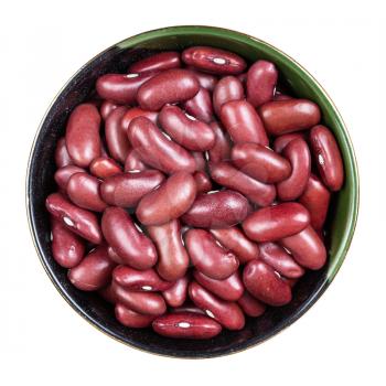 top view of raw kidney beans in round bowl isolated on white background