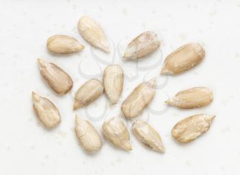 several peeled sunflower seeds close up on gray ceramic plate