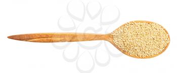 top view of wood spoon with amaranth grains isolated on white background