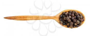 top view of wood spoon with black pepper peppercorns isolated on white background