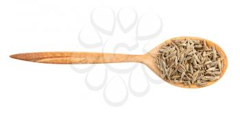 top view of wood spoon with cumin (cuminum cyminum) seeds isolated on white background