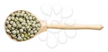 top view of wood spoon with whole dried green peas isolated on white background