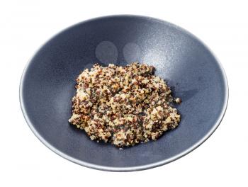boiled porridge from blend of quinoa grains in gray bowl isolated on white background