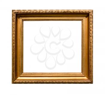 old wide classic golden picture frame with cut out canvas isolated on white background