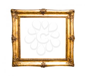 old decorated wide golden picture frame with cut out canvas isolated on white background