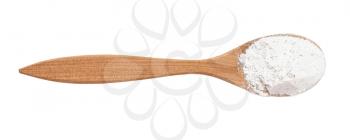 top view of vanilla sugar (sugar powder with ground natural vanilla) in wood spoon isolated on white background