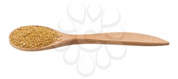granulated dried yeast in wooden spoon isolated on white background