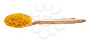 ground dried tagetes (imeretian saffron) in wooden spoon isolated on white background