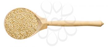 top view of wood spoon with uncooked quinoa grains isolated on white background