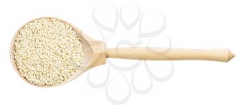 top view of wood spoon with white sesame seeds isolated on white background