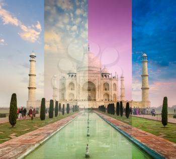 Taj Mahal in different weather, Indian Symbol - India travel background. Agra, Uttar Pradesh, India