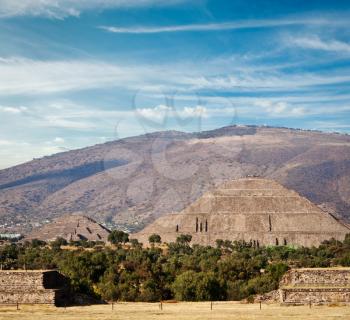 Pyramid of the Sun and Pyramid of the Moon. Teotihuacan. Mexico. View from the Pyramid of the Moon.