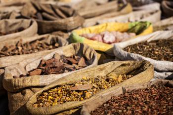 Travel India background - various spices in Indian bazaar market