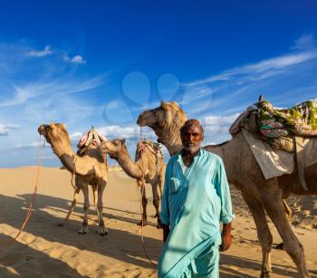 Rajasthan travel background - Indian man cameleer (camel driver) portrait with camels in dunes of Thar desert. Jaisalmer, Rajasthan, India