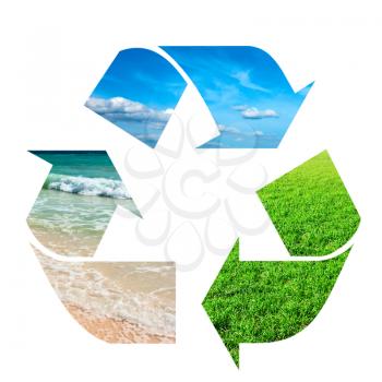 Recycling symbol made of sky, grass and water on white background