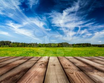 Wooden planks floor against peaceful summer meadow background