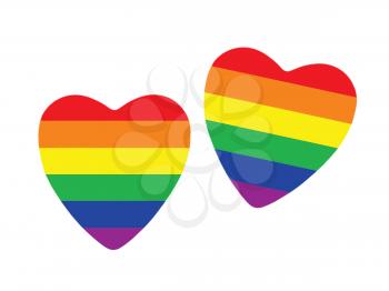 Two hearts made from gay pride flag isolated on white background.
