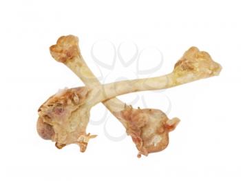 Crossed picked duck bones isolated on white background.