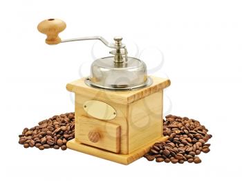 Manual coffee grinder and coffee beans isolated on white background.