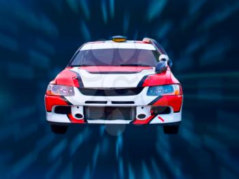 Multicolored racing car on abstract motion blur background.