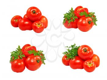 Set of fresh red tomatoes and green parsley isolated on white background.
