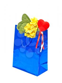 A Valentines Day holiday gift bag with red heart on a white background.Isolated.