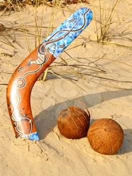 Colorful boomerang and coconuts on a clean sand.