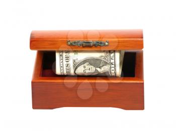 Old wooden chest with dollars bill isolated on white background.