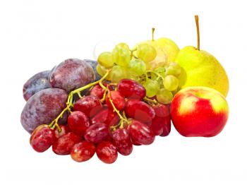 Ripe plums,grape,apples and pear taken closeup isolated on white background.