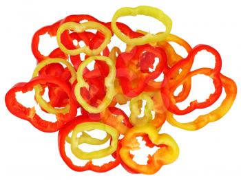 Fresh sliced multicoloured pepper on a white background.