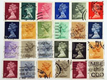 British postage stamps with a Queen Elizabeth profile on white background.