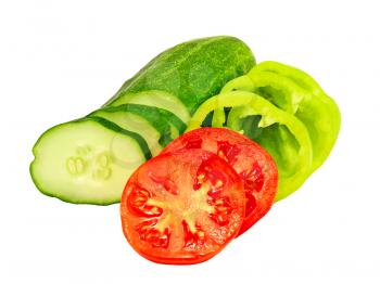 Fresh sliced tomato, cucumber and green pepper on a white background.