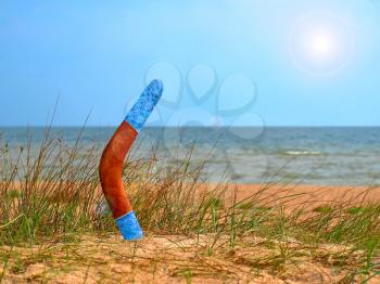 Boomerang on overgrown sandy beach against blue sea and sky.