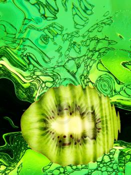 Stylized slice of ripe kiwi taken closeup on green abstract background.Digitally generated image.